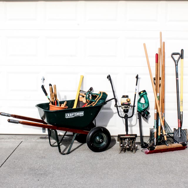 Ryobi Model 410R Garden/Yard Cultivator, Wheelbarrow and Yard Tool Lot