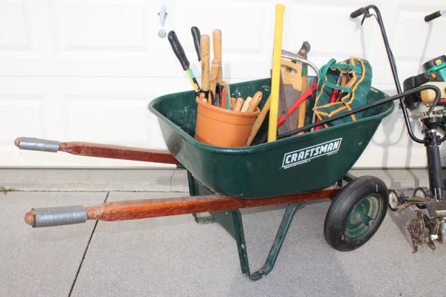 Ryobi Model 410R Garden/Yard Cultivator, Wheelbarrow and Yard Tool Lot