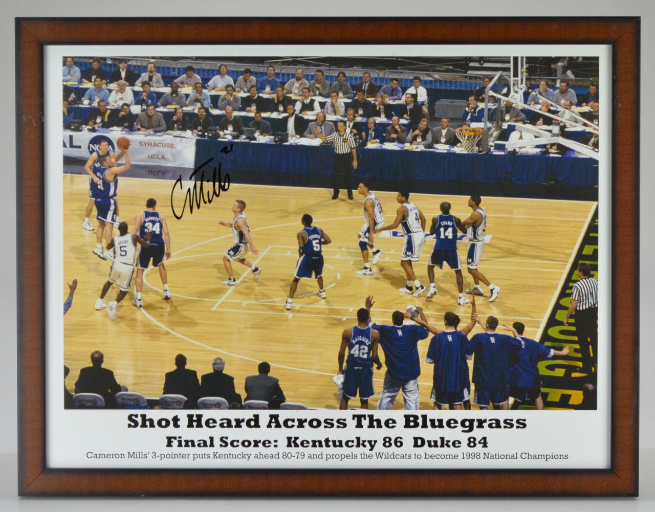 Framed Poster "Shot Heard Across the Bluegrass-Final Score: Kentucky 86 Duke 84/Cameron Mills' 3-Pointer puts Kentucky ahead 80-79 and propels the Wildcats to become 1998 National Champions" Autographed by Cameron MIlls with COA