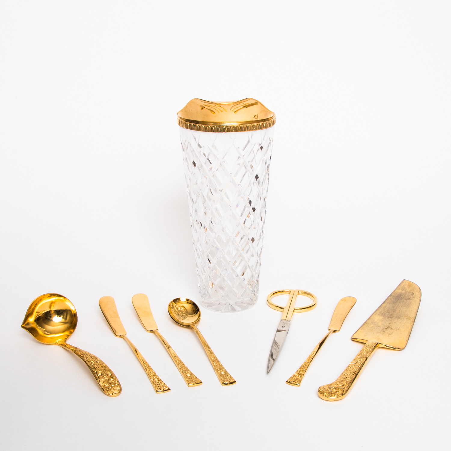 Vintage Crystal Cocktail Shaker and Gold-tone Serving Pieces