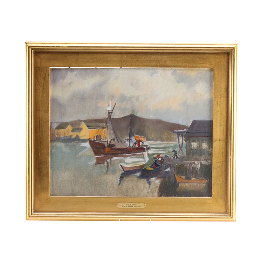 Adrian Siegel Oil on Canvas "Boats In Harbor"