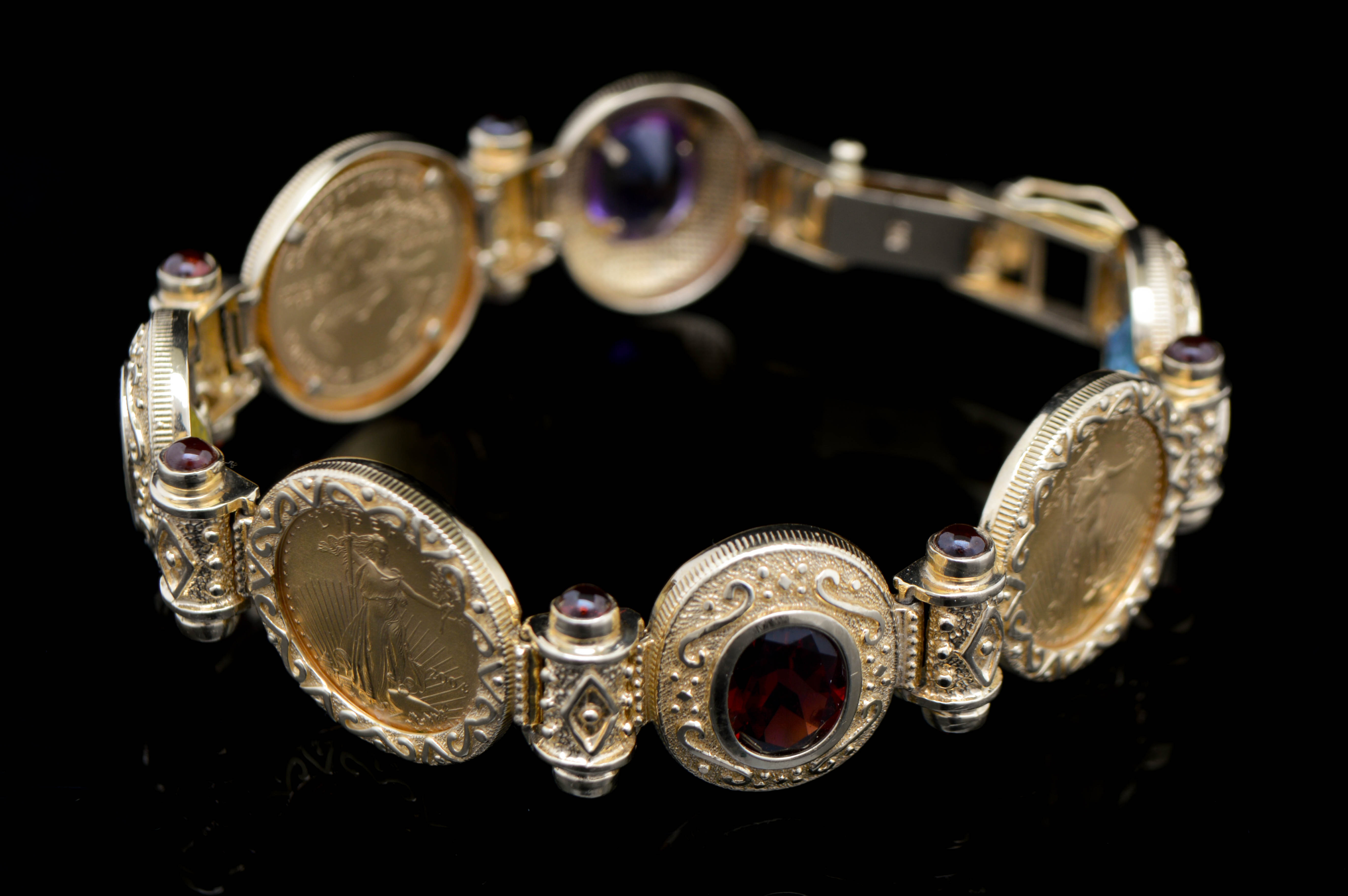 14K Yellow Gold, Coin and Gemstone Bracelet