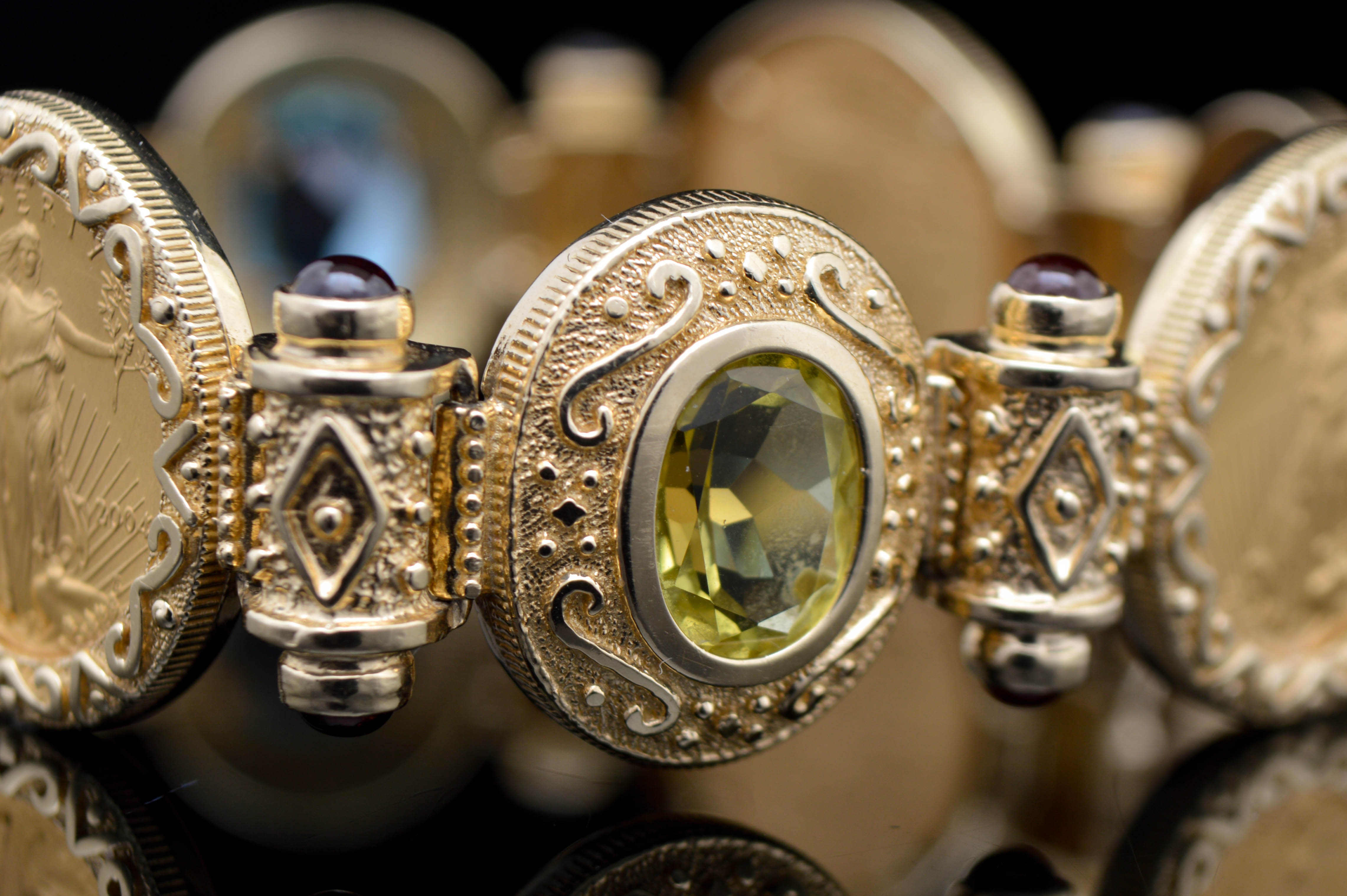 14K Yellow Gold, Coin and Gemstone Bracelet