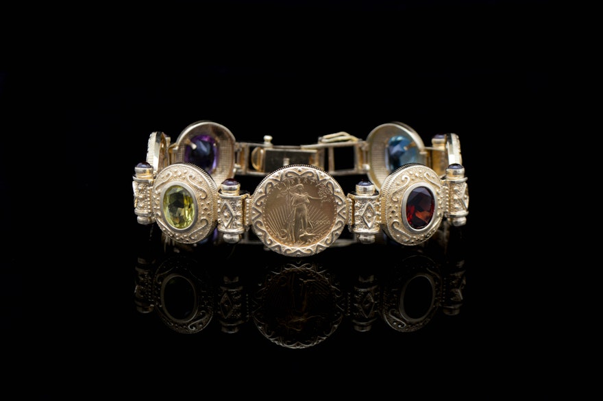 14K Yellow Gold, Coin and Gemstone Bracelet