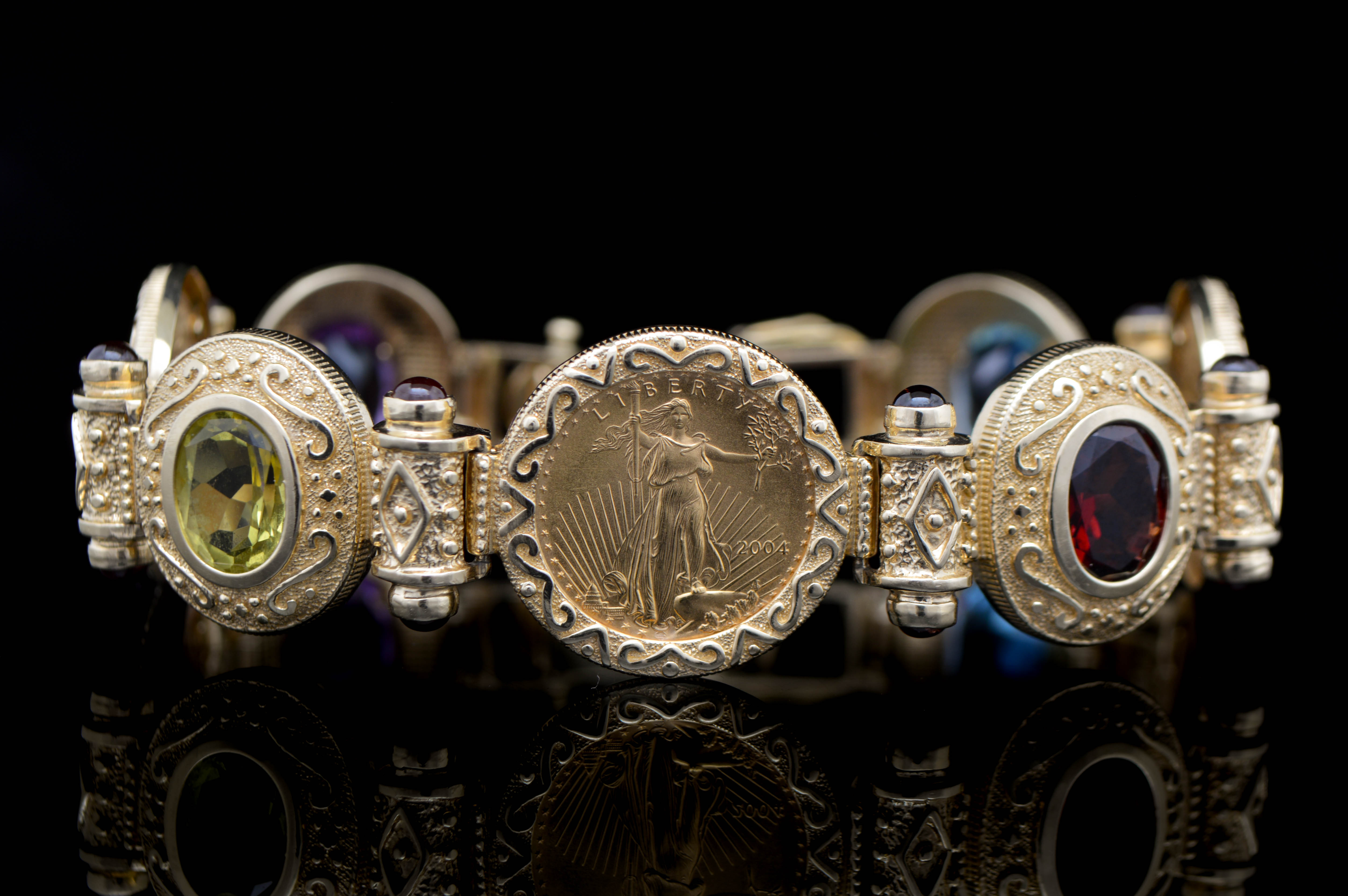 14K Yellow Gold, Coin and Gemstone Bracelet