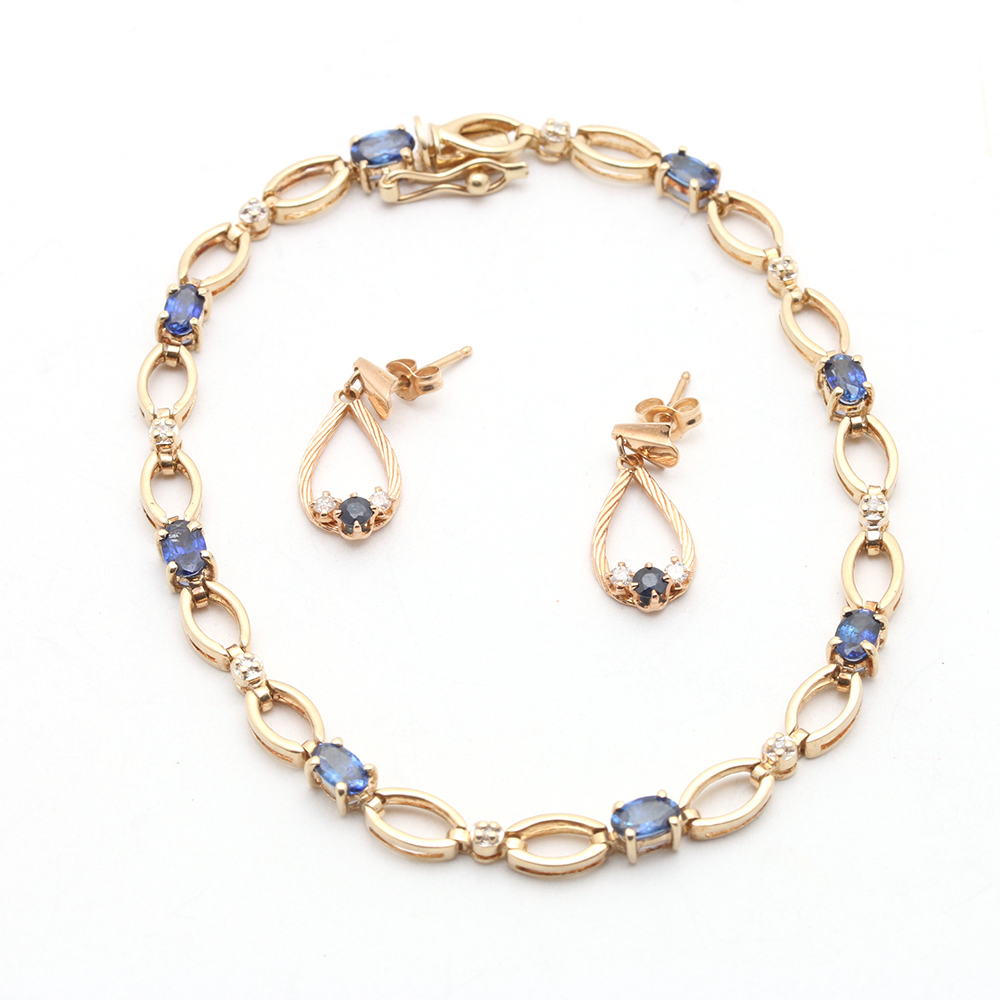 14K Yellow Gold Diamond and Sapphire Bracelet and Earrings