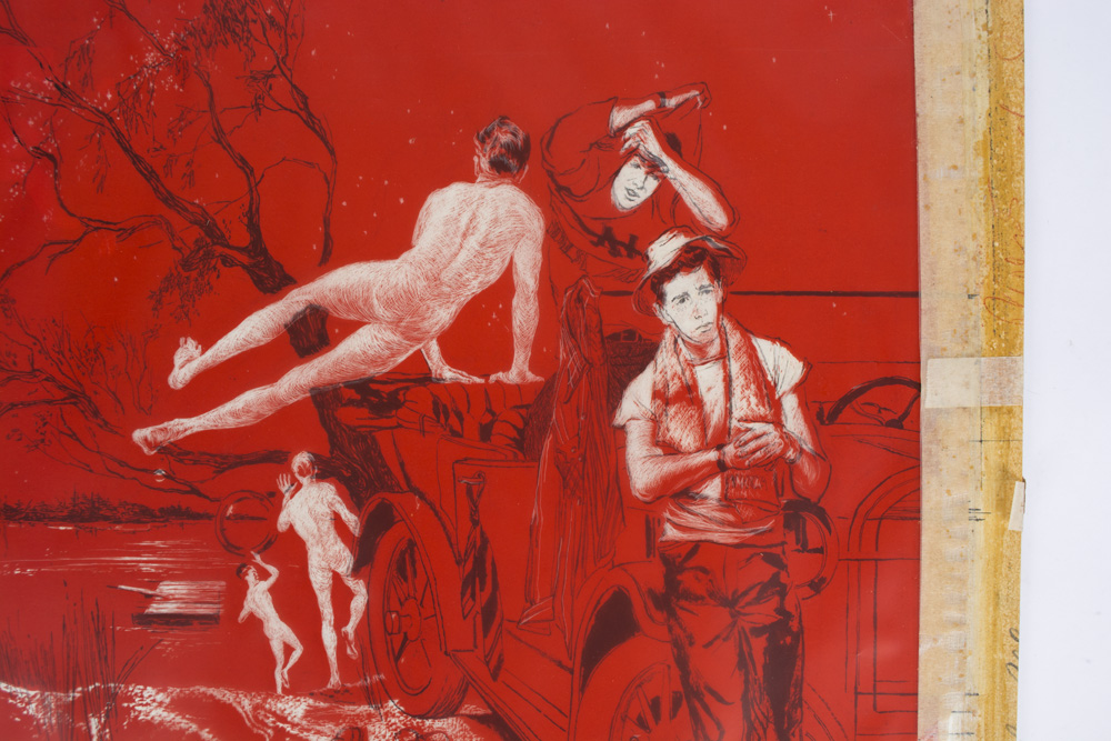 Tracy Sugarman Skinny Dipping Youth Celluloid Overlay Drawing