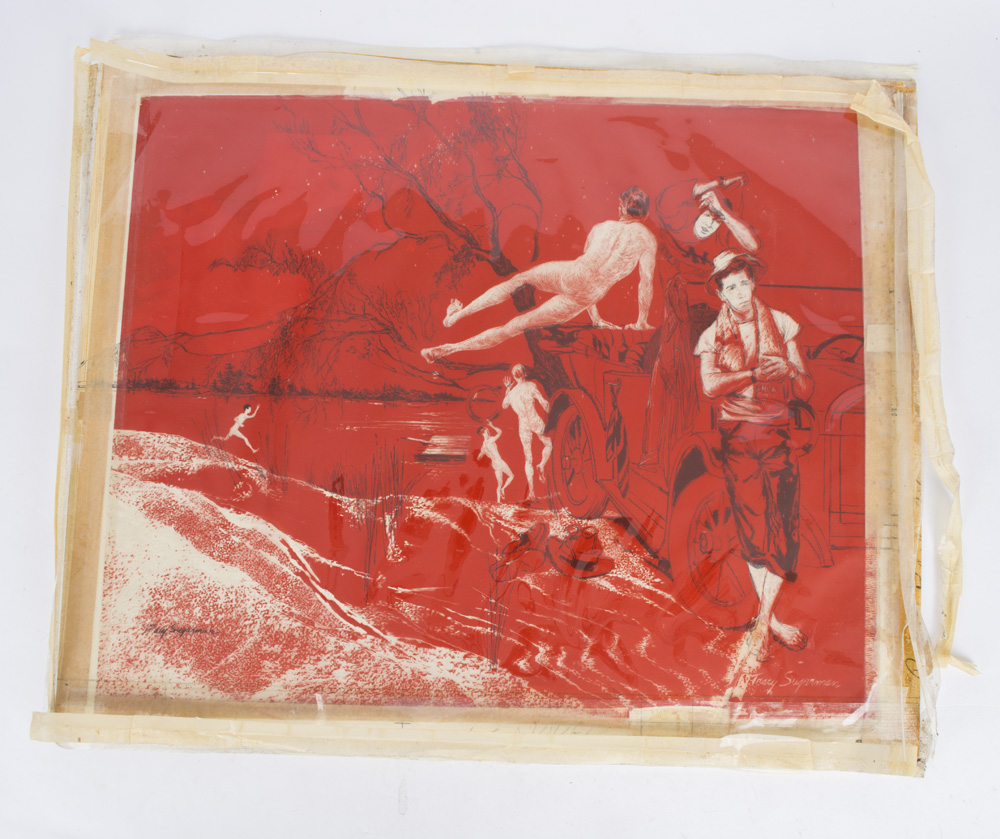 Tracy Sugarman Skinny Dipping Youth Celluloid Overlay Drawing