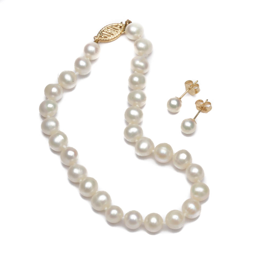 14K Yellow Gold Cultured Pearl Beaded Bracelet and Pierced Earrings