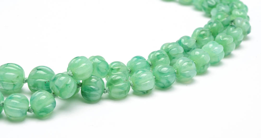 Chinese Inspired Double Strand Beaded and Carved Glass Necklace with Nickel Plate Clasp