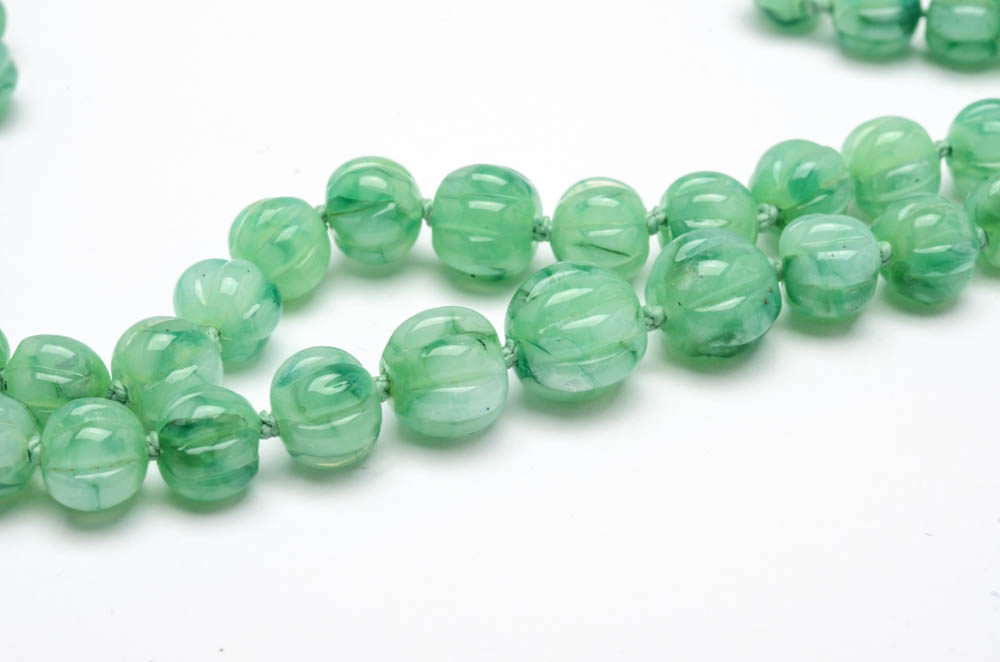 Chinese Inspired Double Strand Beaded and Carved Glass Necklace with Nickel Plate Clasp