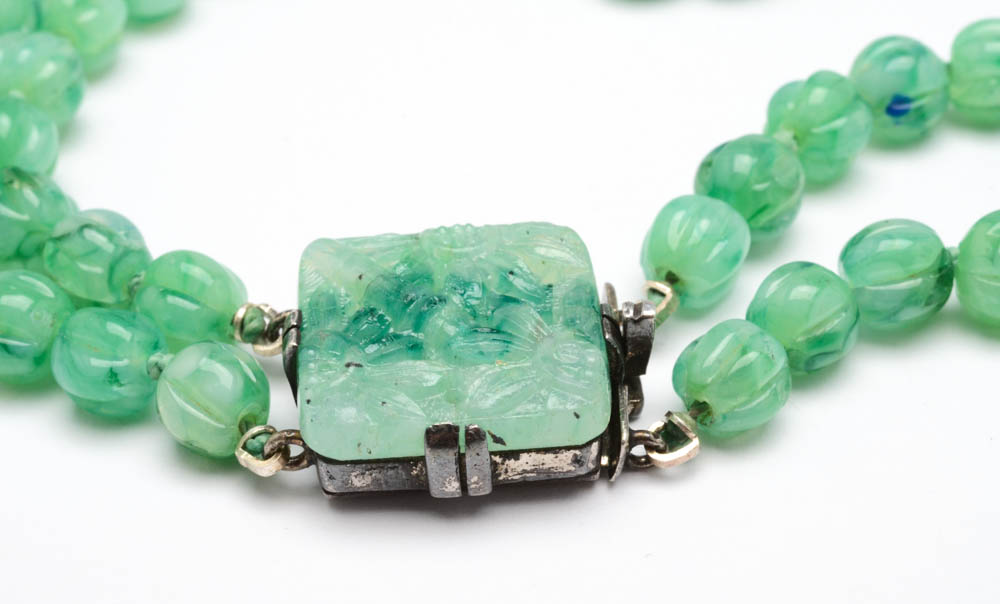 Chinese Inspired Double Strand Beaded and Carved Glass Necklace with Nickel Plate Clasp
