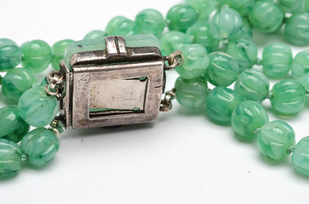 Chinese Inspired Double Strand Beaded and Carved Glass Necklace with Nickel Plate Clasp