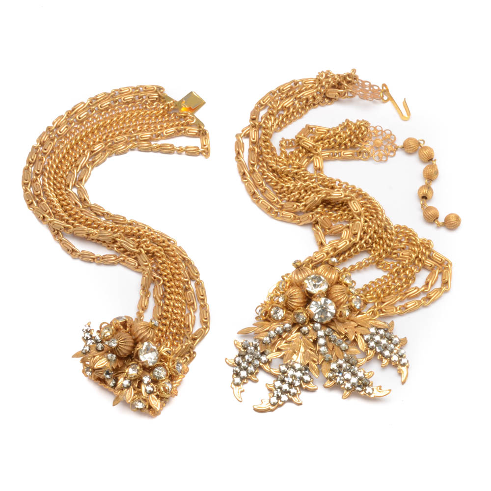 Mid-Century Vintage Leru Crystal Rhinestone Multi-Chain Necklace, Bracelet Demi-Parure Set in a Gold Plated Finish