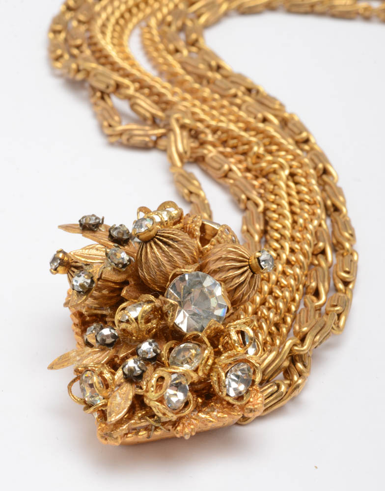 Mid-Century Vintage Leru Crystal Rhinestone Multi-Chain Necklace, Bracelet Demi-Parure Set in a Gold Plated Finish
