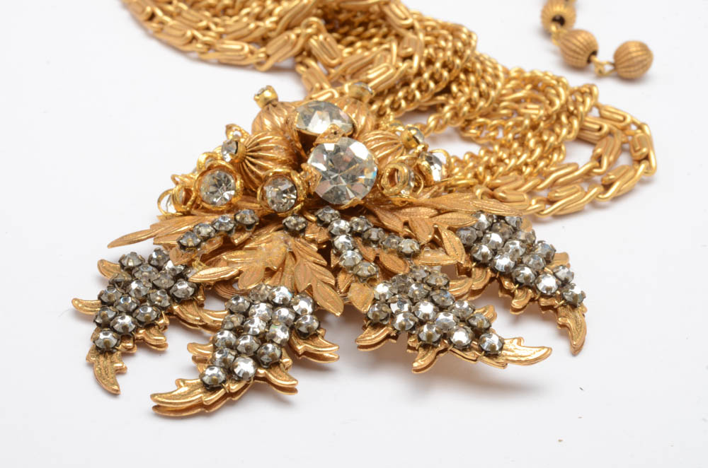 Mid-Century Vintage Leru Crystal Rhinestone Multi-Chain Necklace, Bracelet Demi-Parure Set in a Gold Plated Finish