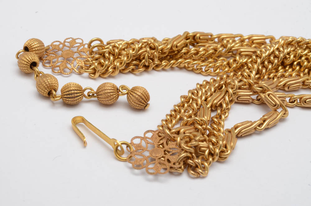 Mid-Century Vintage Leru Crystal Rhinestone Multi-Chain Necklace, Bracelet Demi-Parure Set in a Gold Plated Finish