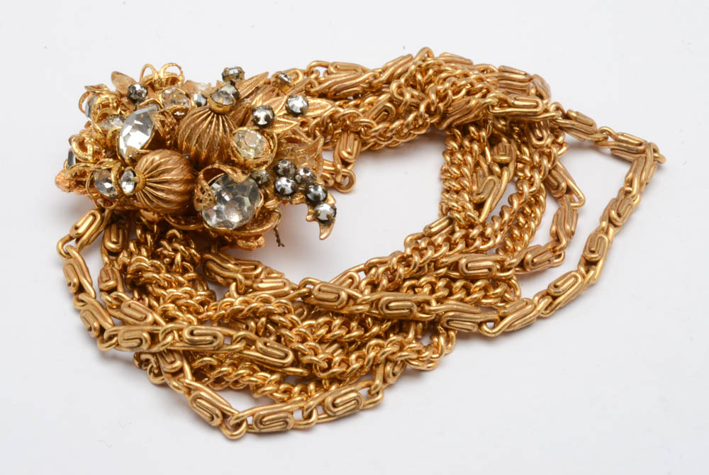 Mid-Century Vintage Leru Crystal Rhinestone Multi-Chain Necklace, Bracelet Demi-Parure Set in a Gold Plated Finish