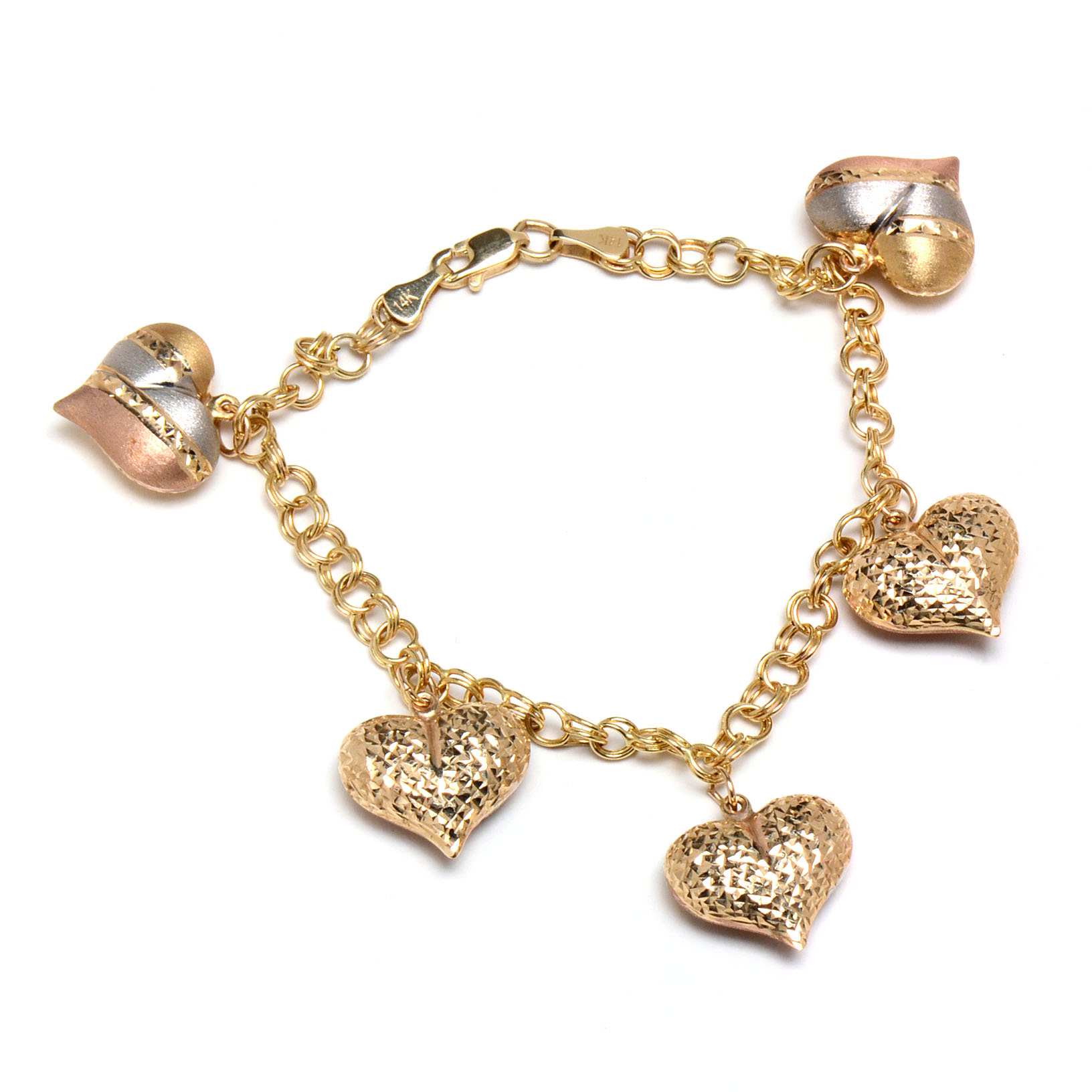 14K Yellow Gold Tri-Tone Heart Shape Charm Link Bracelet
