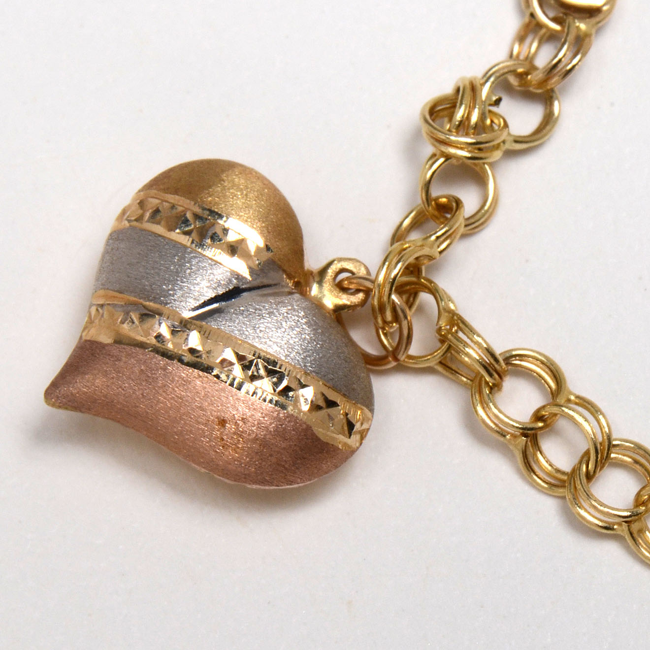 14K Yellow Gold Tri-Tone Heart Shape Charm Link Bracelet