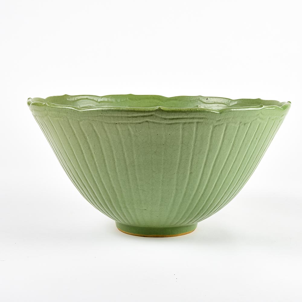 Vintage Green Stoneware Lotus Serving Bowl