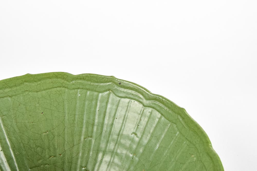 Vintage Green Stoneware Lotus Serving Bowl