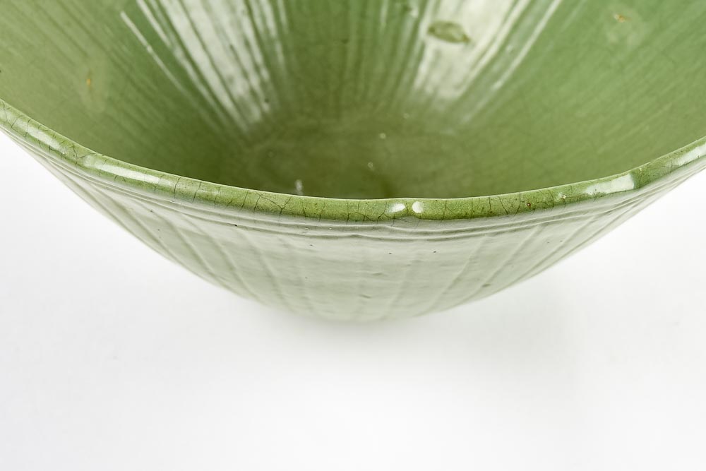 Vintage Green Stoneware Lotus Serving Bowl