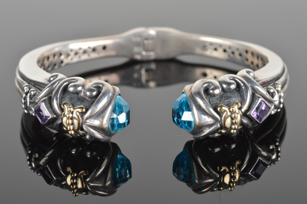 Samuel Behnam Sterling Silver and 18K Yellow Gold, Blue Topaz and Amethyst Accented Cuff