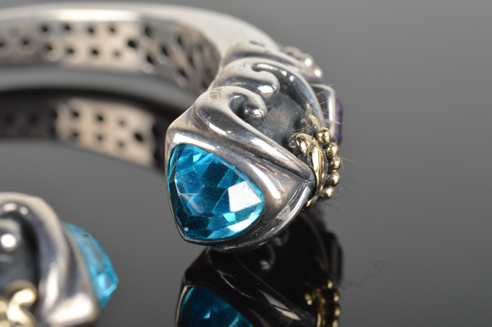 Samuel Behnam Sterling Silver and 18K Yellow Gold, Blue Topaz and Amethyst Accented Cuff