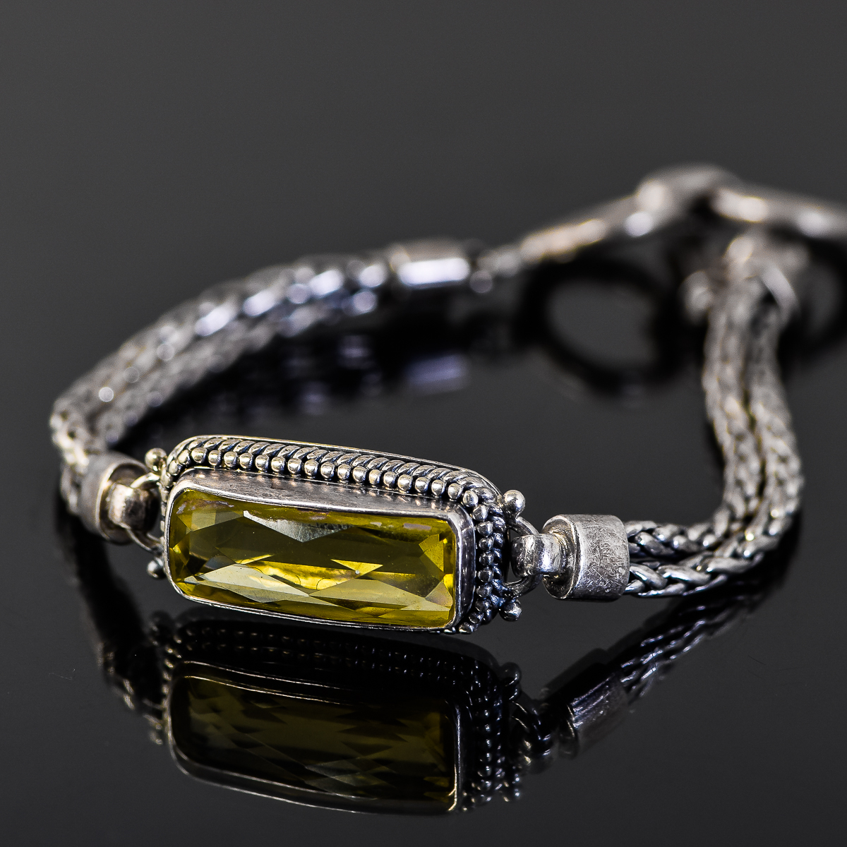 Sterling Silver Double Wheat Chain Bracelet with Yellow Glass Stone