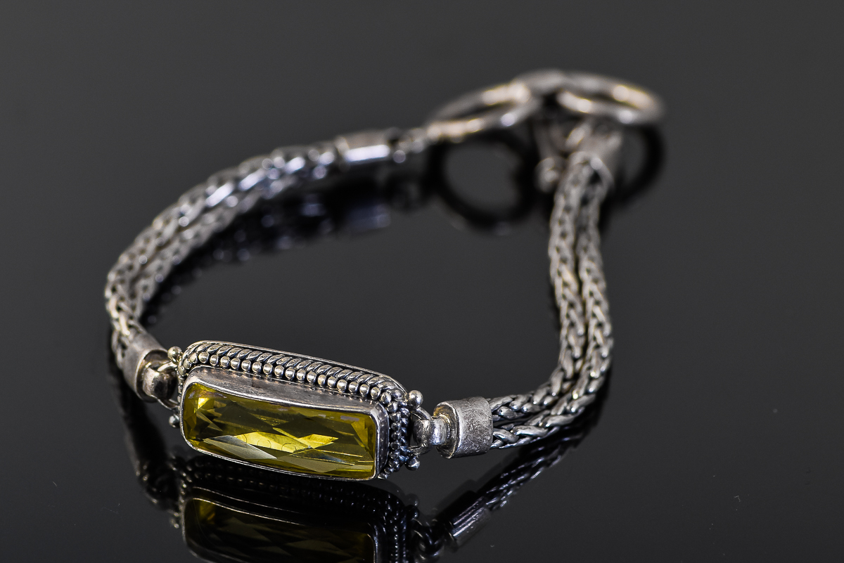 Sterling Silver Double Wheat Chain Bracelet with Yellow Glass Stone