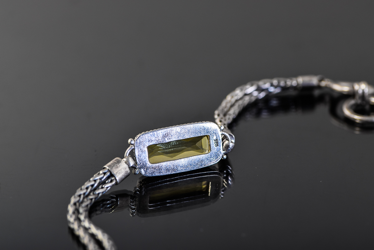 Sterling Silver Double Wheat Chain Bracelet with Yellow Glass Stone