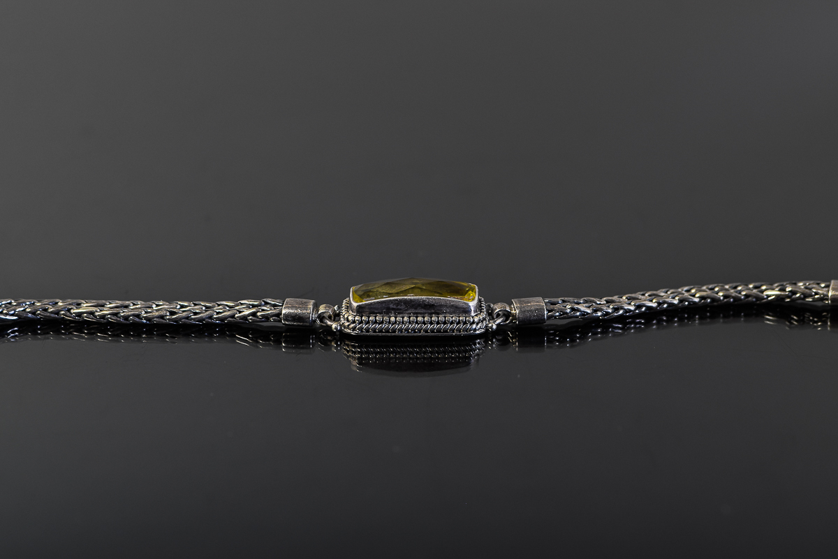 Sterling Silver Double Wheat Chain Bracelet with Yellow Glass Stone