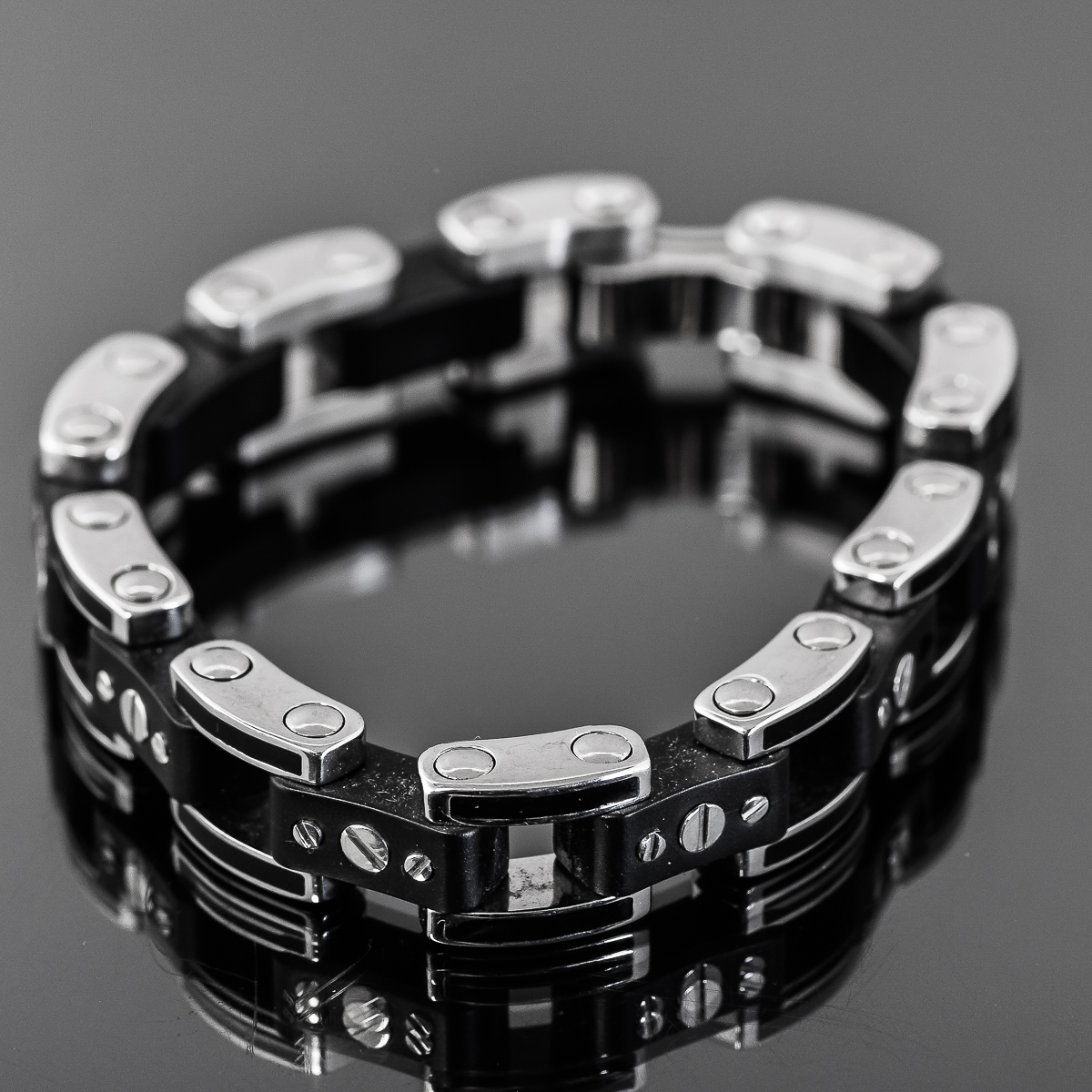 Men's Stainless Steel and Black Rubber Link Bracelet