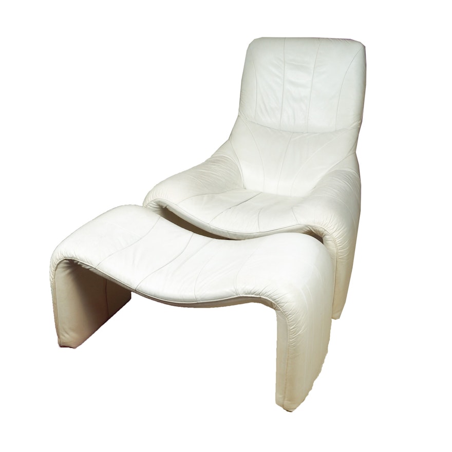 Contemporary White Leather Chair and Ottoman