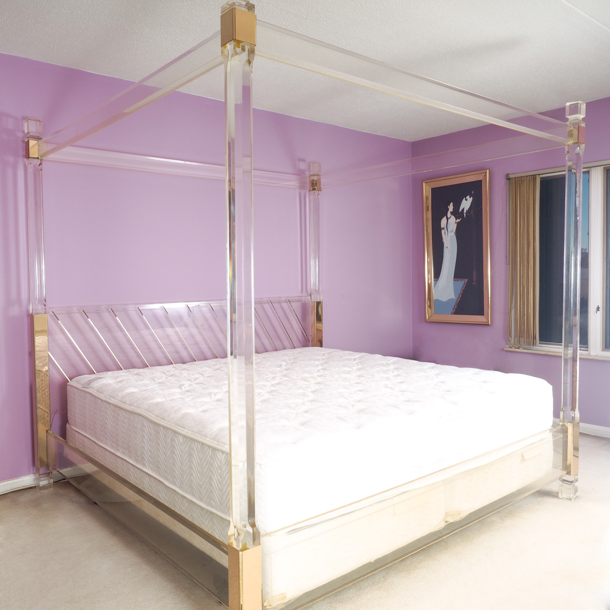 King Size Acrylic Canopy Bed Frame with Gold-Tone Accents