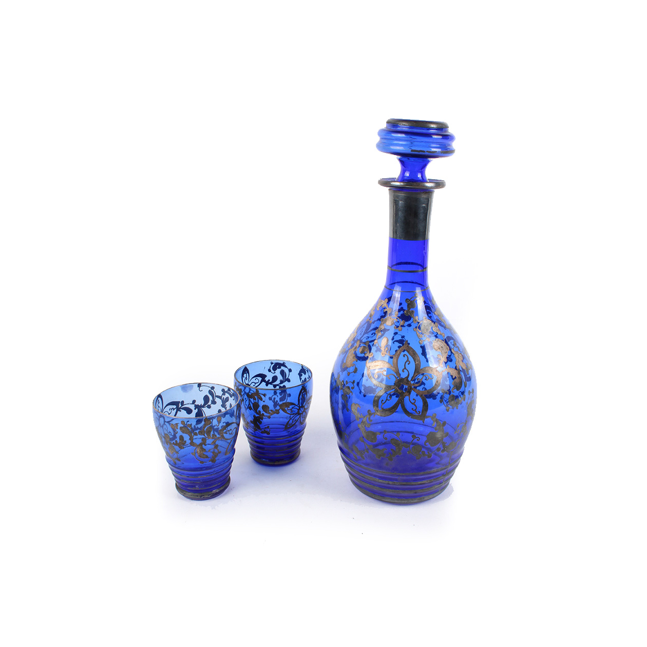 Cobalt Blue Decanter Set with Silver Overlay
