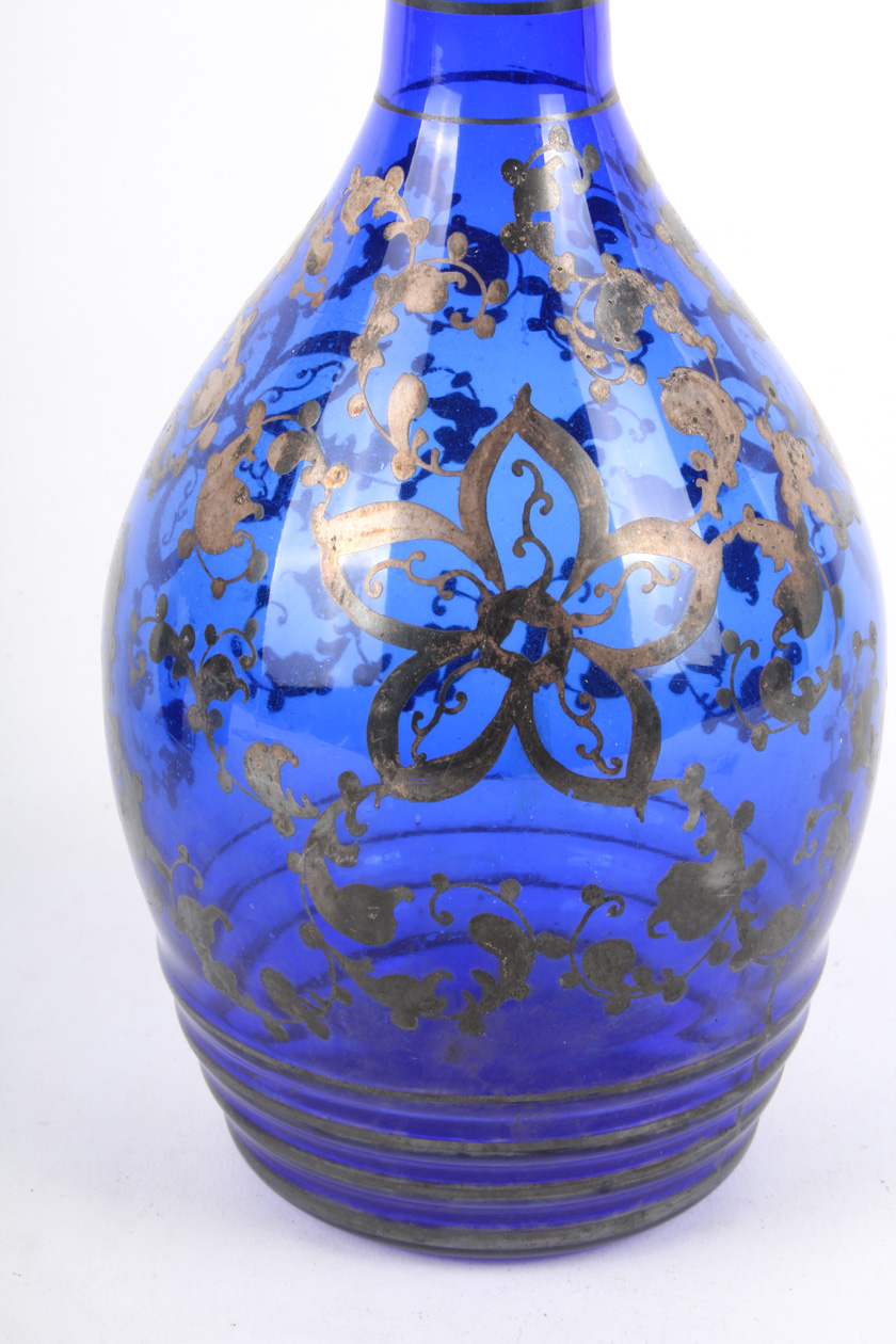 Cobalt Blue Decanter Set with Silver Overlay