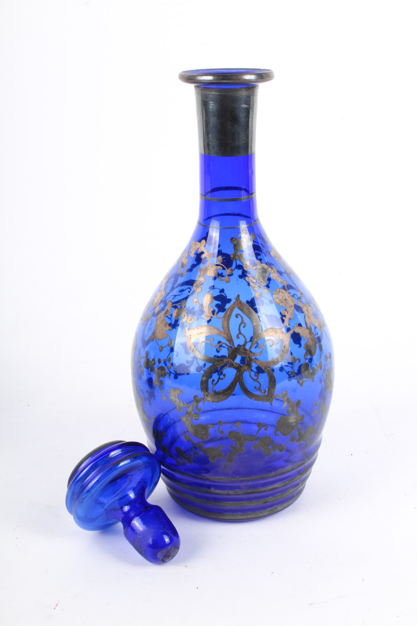 Cobalt Blue Decanter Set with Silver Overlay