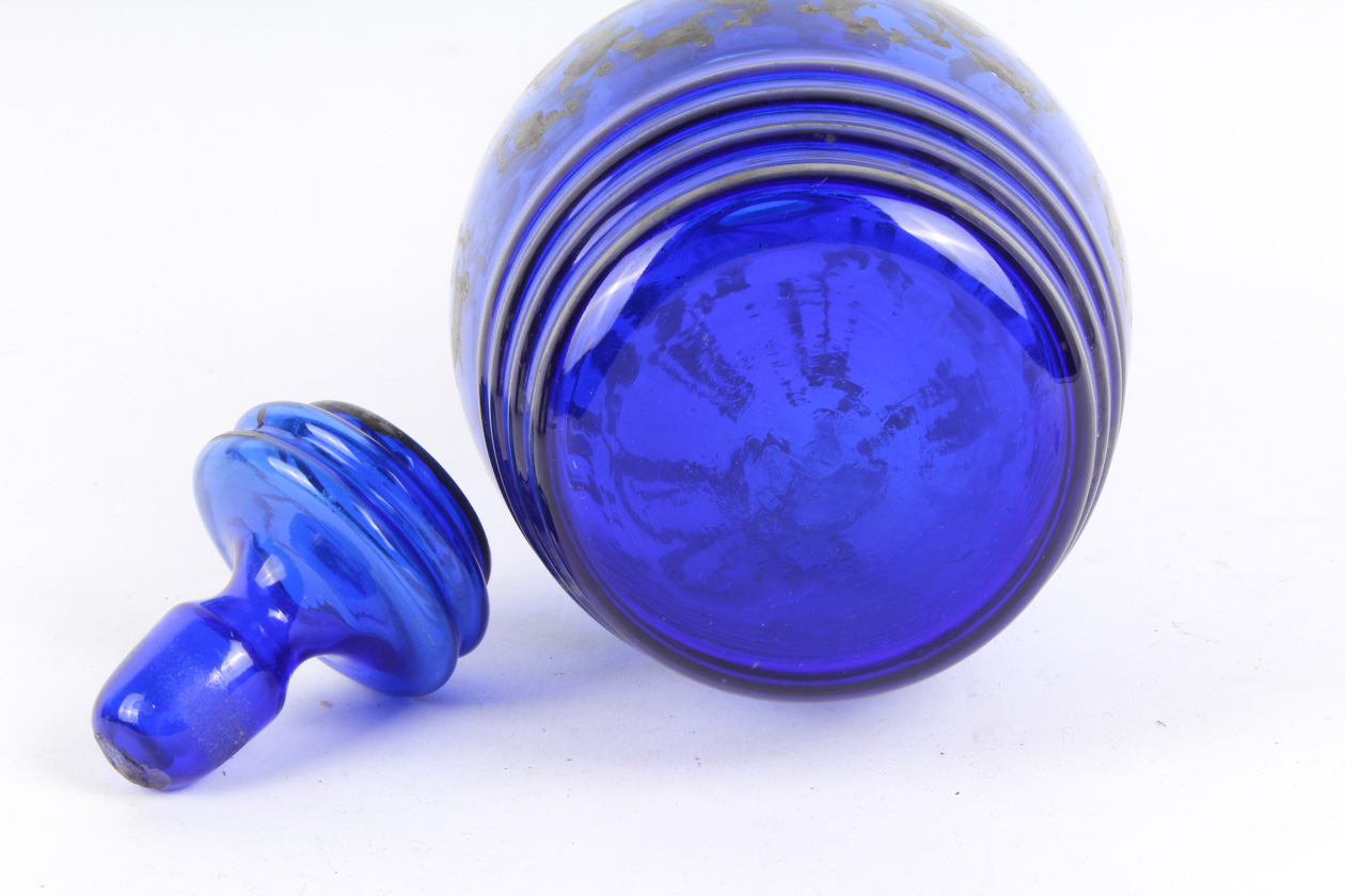 Cobalt Blue Decanter Set with Silver Overlay