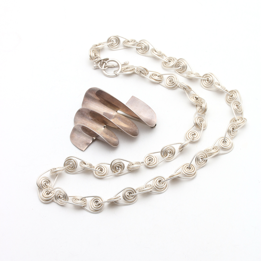 Sterling Silver Leander D'Ambrosia Necklace and Mexican Silver Brooch