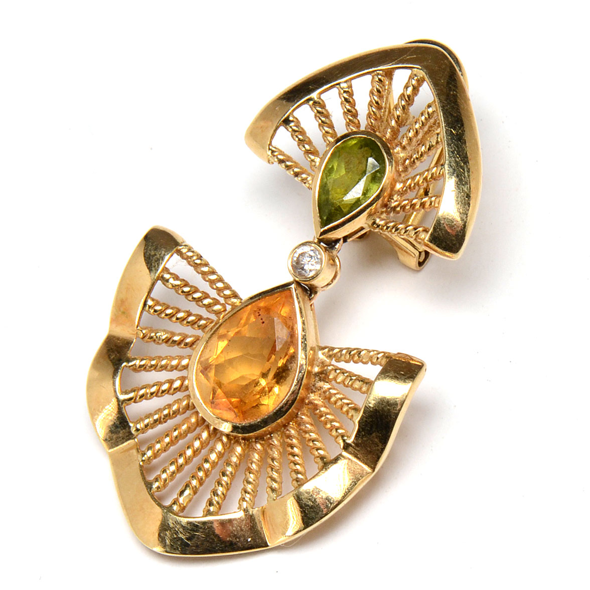 18K Yellow Gold Peridot, Diamond and Citrine Single Earring