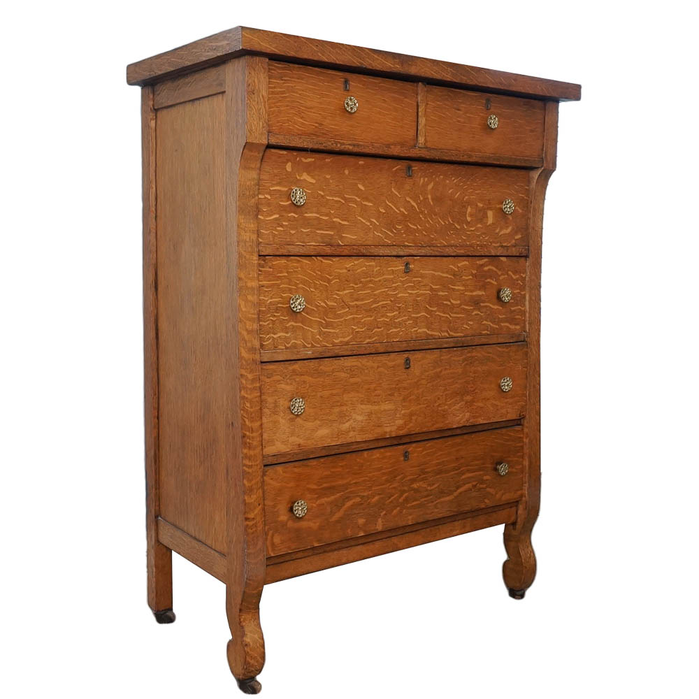 Antique Tiger Oak Veneer Chest of Drawers
