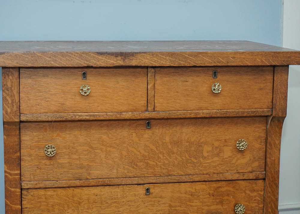 Antique Tiger Oak Veneer Chest of Drawers