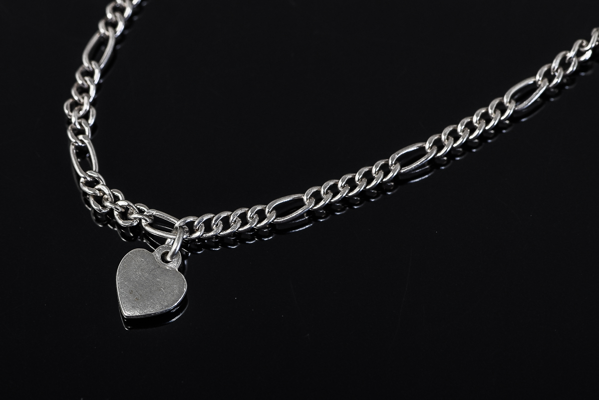 Sterling Silver Figaro Chain and Heart Charm Bracelet