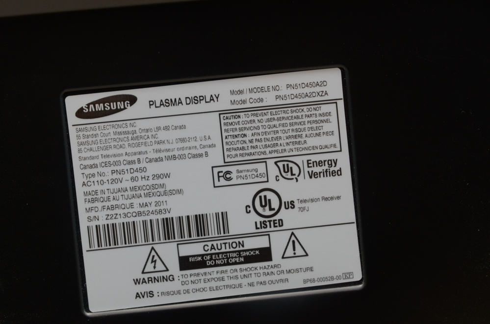 Samsung 51" Plasma Television With Remote Control