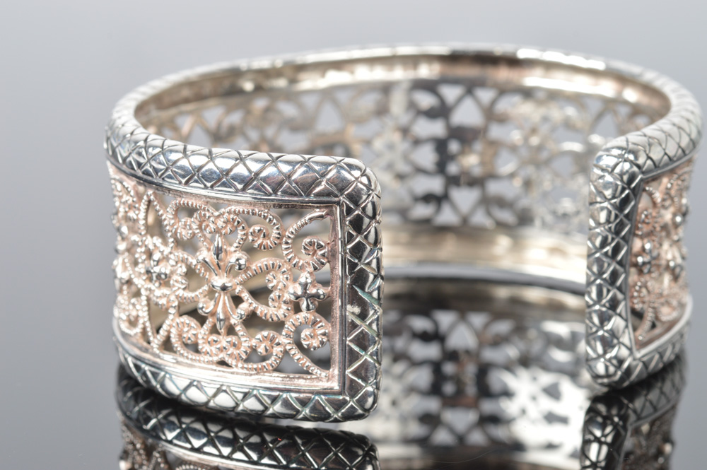Sterling Silver Cuff Bracelet with Ornate Design