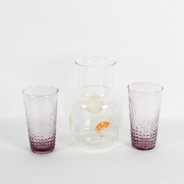 Vintage Purple Glasses and Pyrex Pitcher
