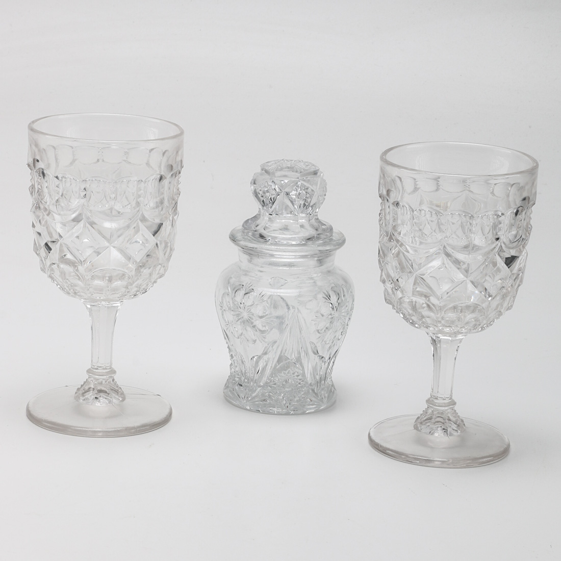 Pair of Vintage Cut Glass Goblets and Covered Jar