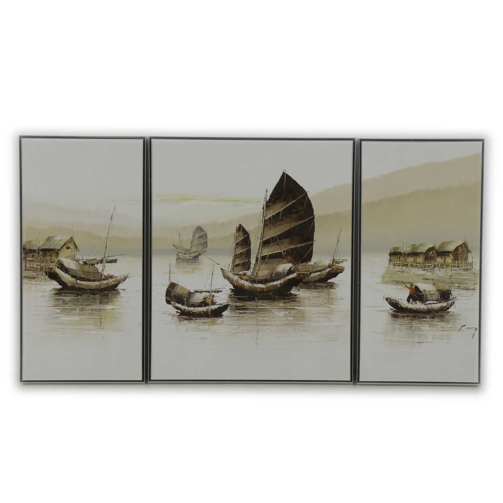 P. Wong Oil Painting on Canvas Triptych of Chinese Boats